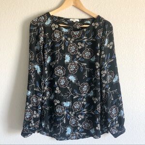 Pleione Floral Long Sleeve Dress Blouse Top Scoop Neck Black